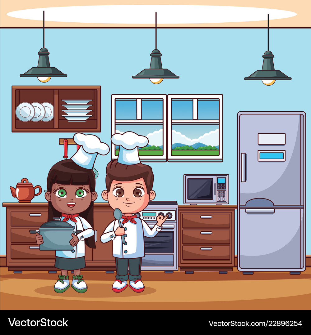 Chef kids at kitchen – Royalty-Free Vector | VectorStock, image size:1000x1080