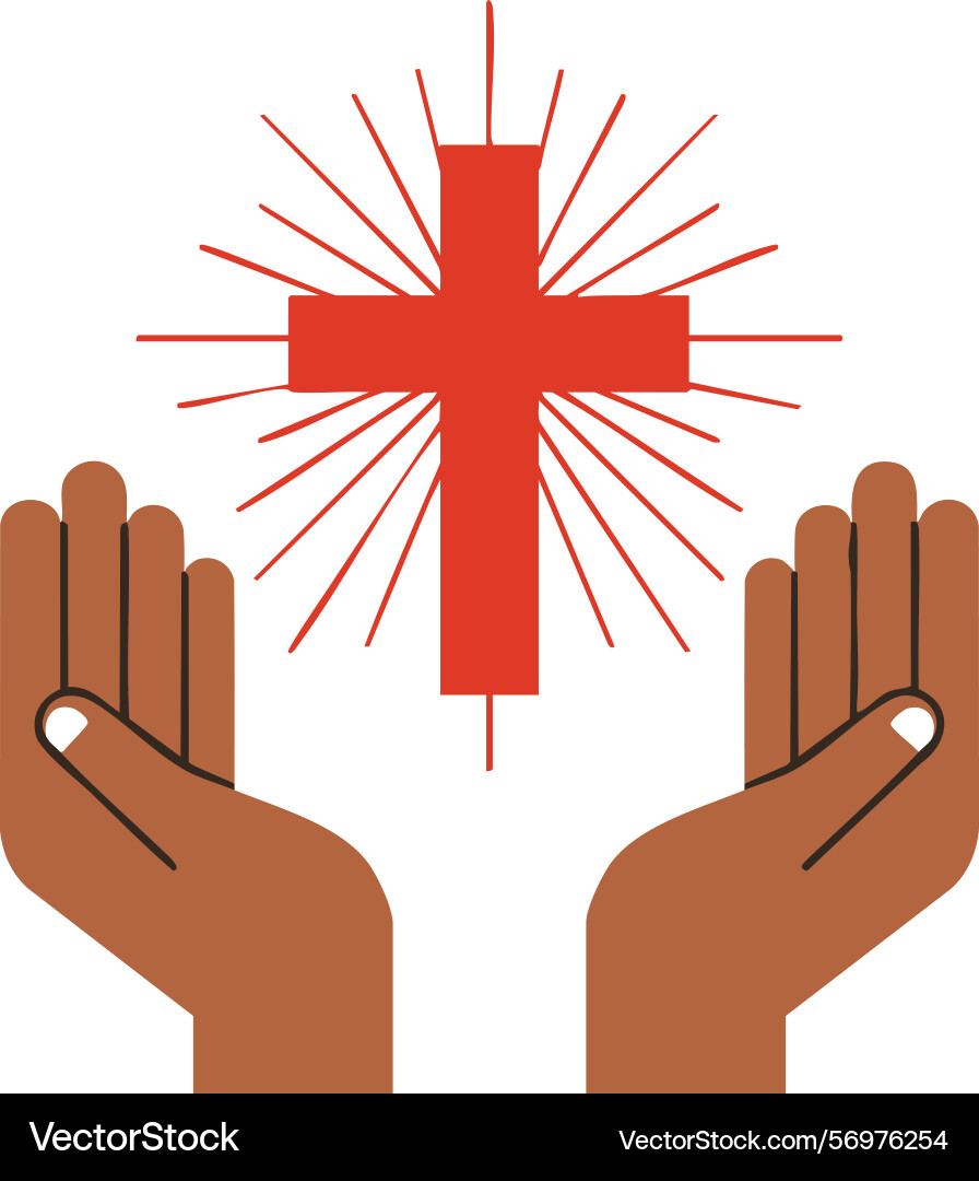 Cross with radiant rays and open hands Cross with radiant rays and open hands Vector Image