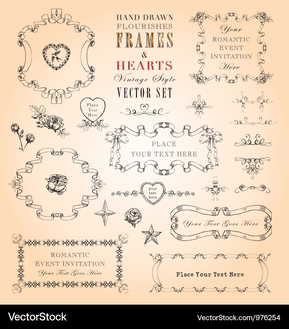 Romantic Flourishes & Hearts Set vector image