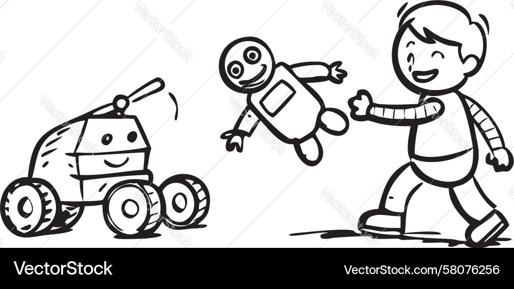 Child Controls Robot with Remote Vector Image