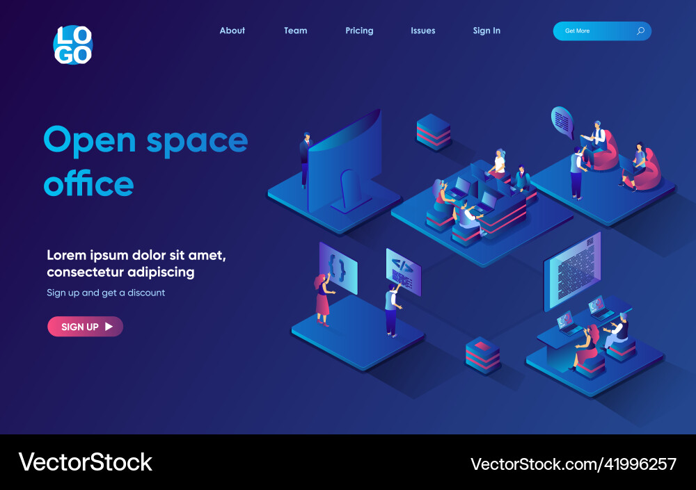 Open space office concept 3d isometric web landing Vector Image