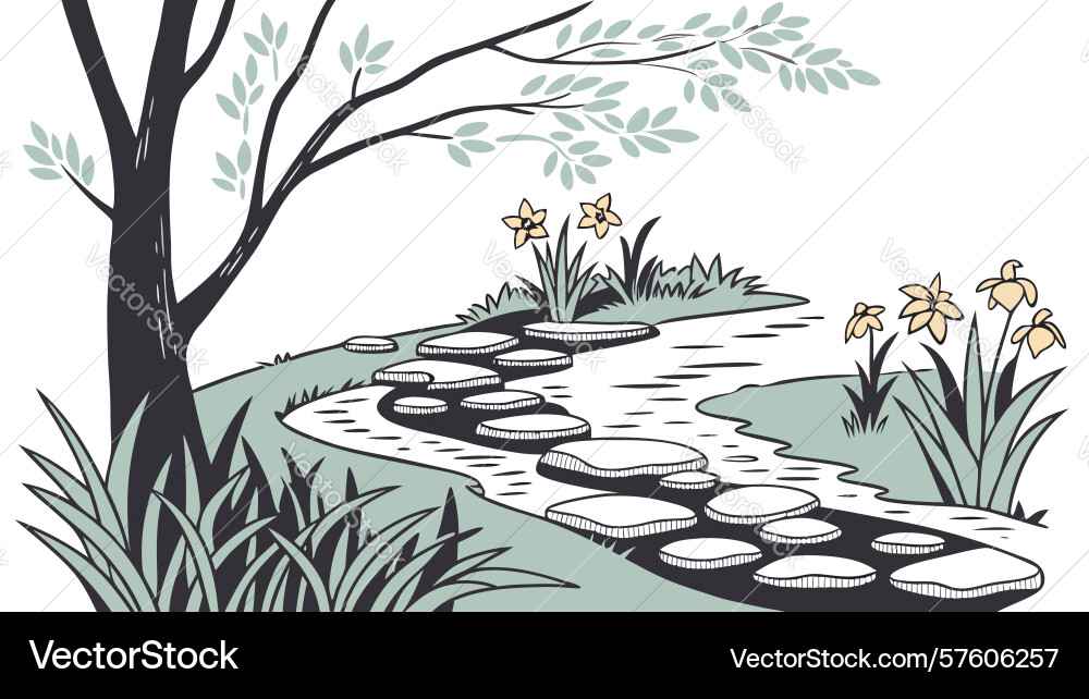 Serene forest path with winding stream art design vector image