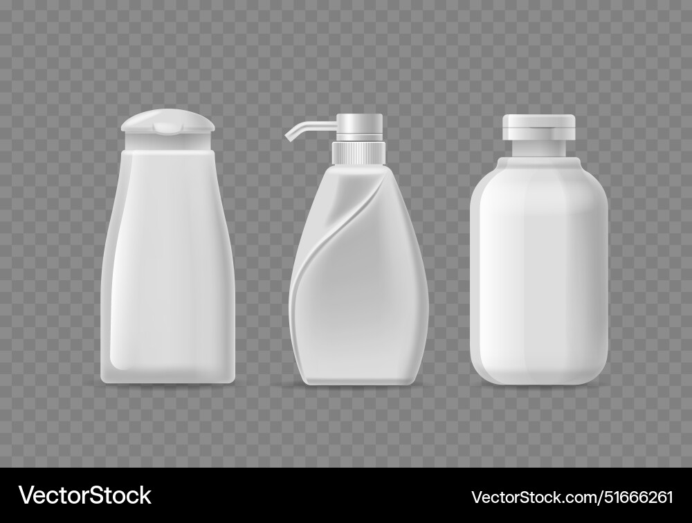 Set of three white shampoo bottles with different Set of three white shampoo bottles with different Vector Image