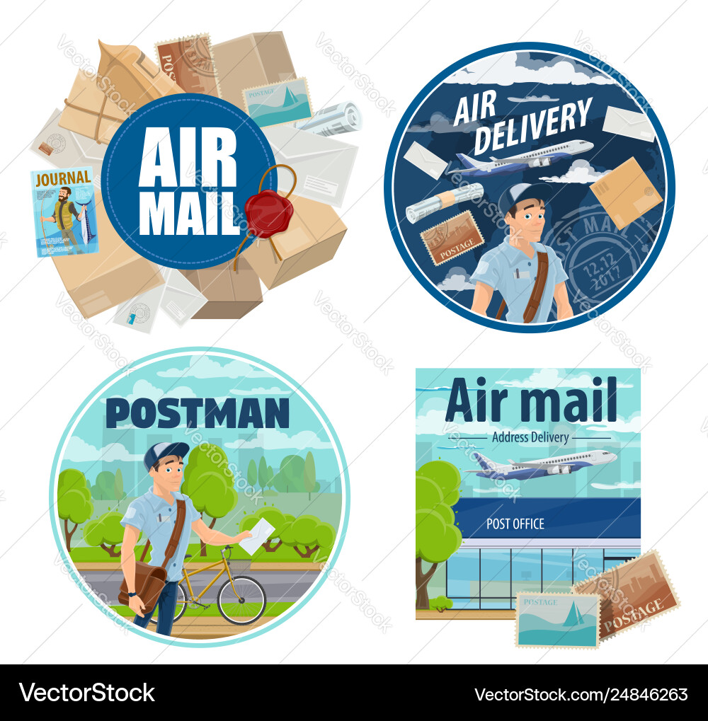 Mail delivery postman and post parcels Mail delivery postman and post parcels Vector Image