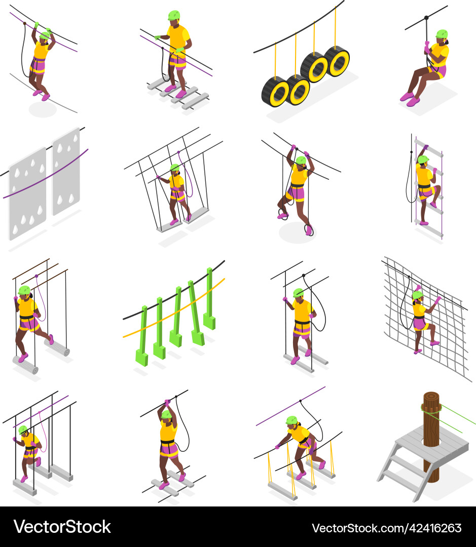 People in rope park isometric set Royalty Free Vector Image