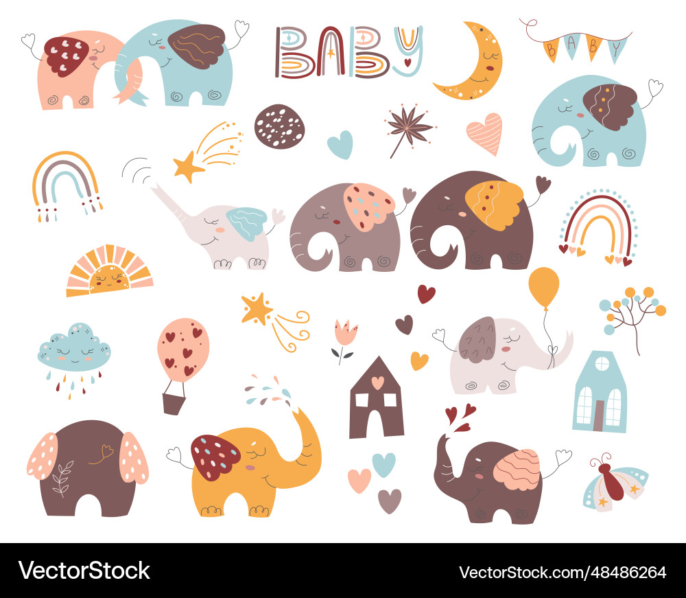 Set of hand drawn bohemian baby shower elements Set of hand drawn bohemian baby shower elements vector image