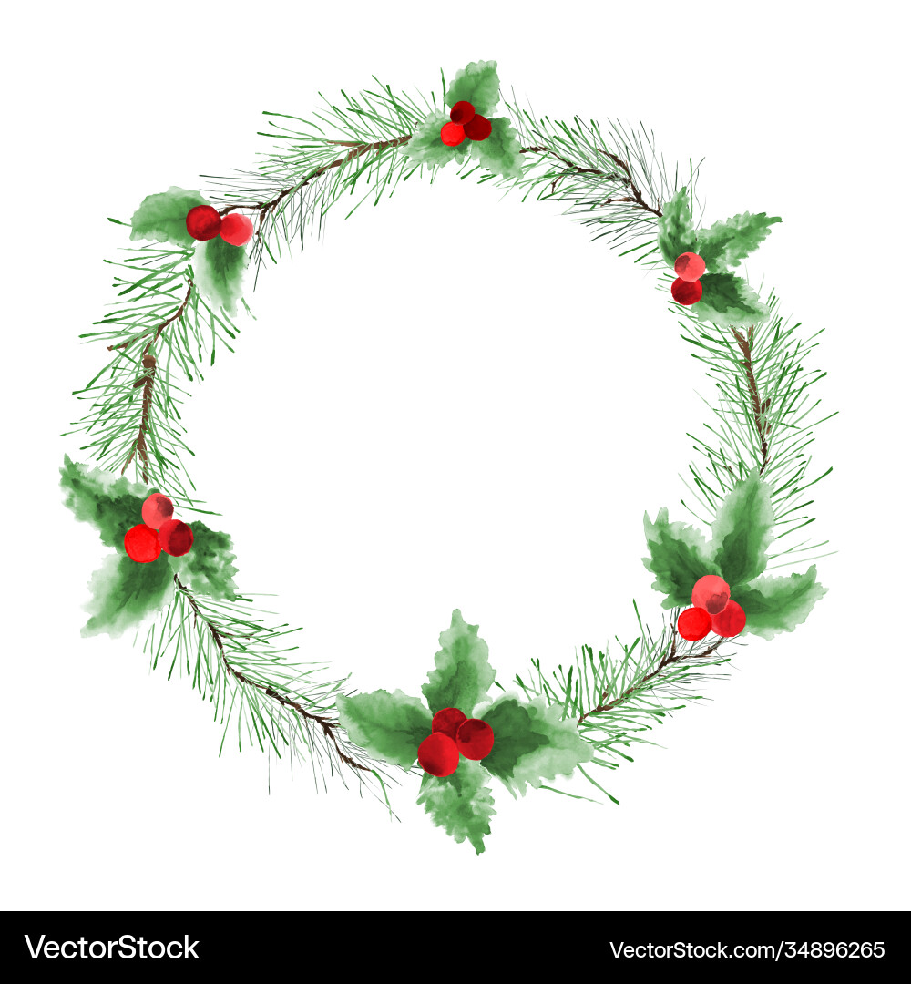 Christmas wreath watercolor with pine branches Christmas wreath watercolor with pine branches vector image