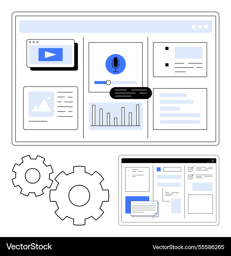 Dashboard with multimedia content and analytics Dashboard with multimedia content and analytics vector image