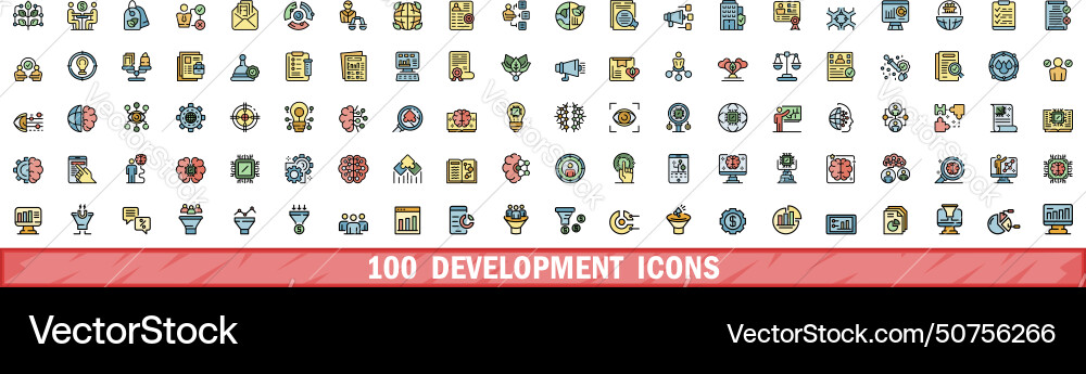 100 development icons set color line style 100 development icons set color line style vector image