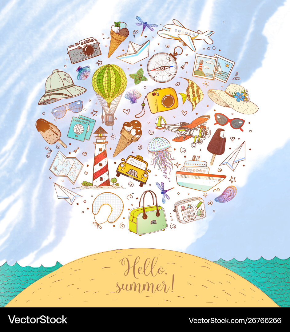Design template with color cartoon travel doodles Design template with color cartoon travel doodles vector image
