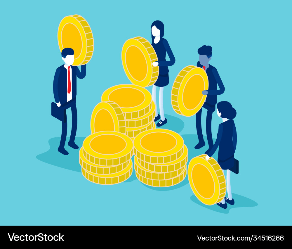 Isometric people with golden coins stack them vector image