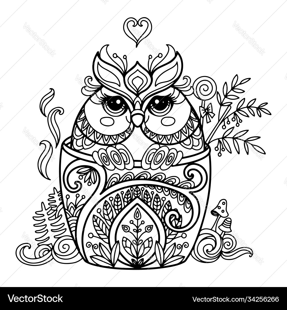 Kawaii niedliche Eule in einer Tasse Färbung Kawaii niedliche Eule in einer Tasse Färbung vektorbild