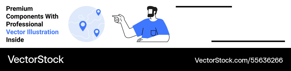 Man pointing at global map with location pins Man pointing at global map with location pins vector image