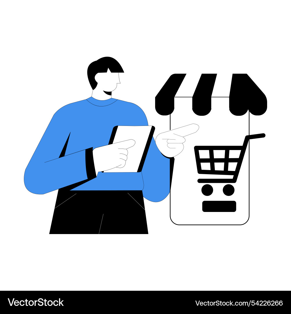 Man with tablet pointing at storefront Man with tablet pointing at storefront Vector Image