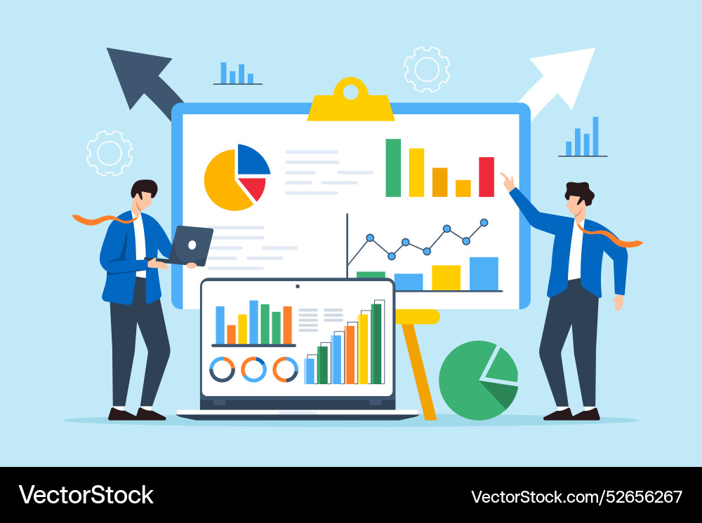 Flat of two men solving problems with analytical Flat of two men solving problems with analytical vector image