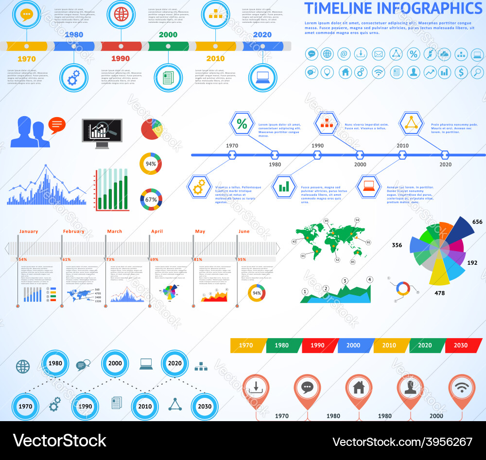 Set of timeline infographic with diagrams and text vector image