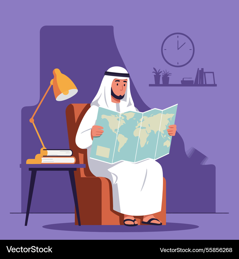 Man studying world map while seated in chair Vector Image