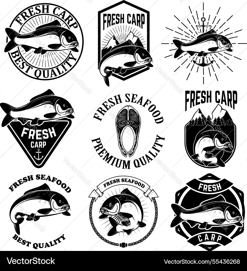 Set of the fresh carp labels emblems and design Set of the fresh carp labels emblems and design Vector Image
