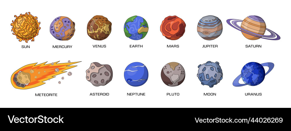 Planets and meteorite solar system elements set Planets and meteorite solar system elements set vector image