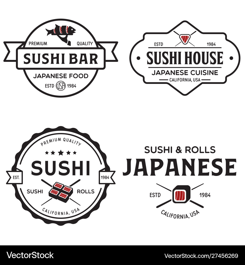Sushi shop labels and badges design templates set Sushi shop labels and badges design templates set Vector Image