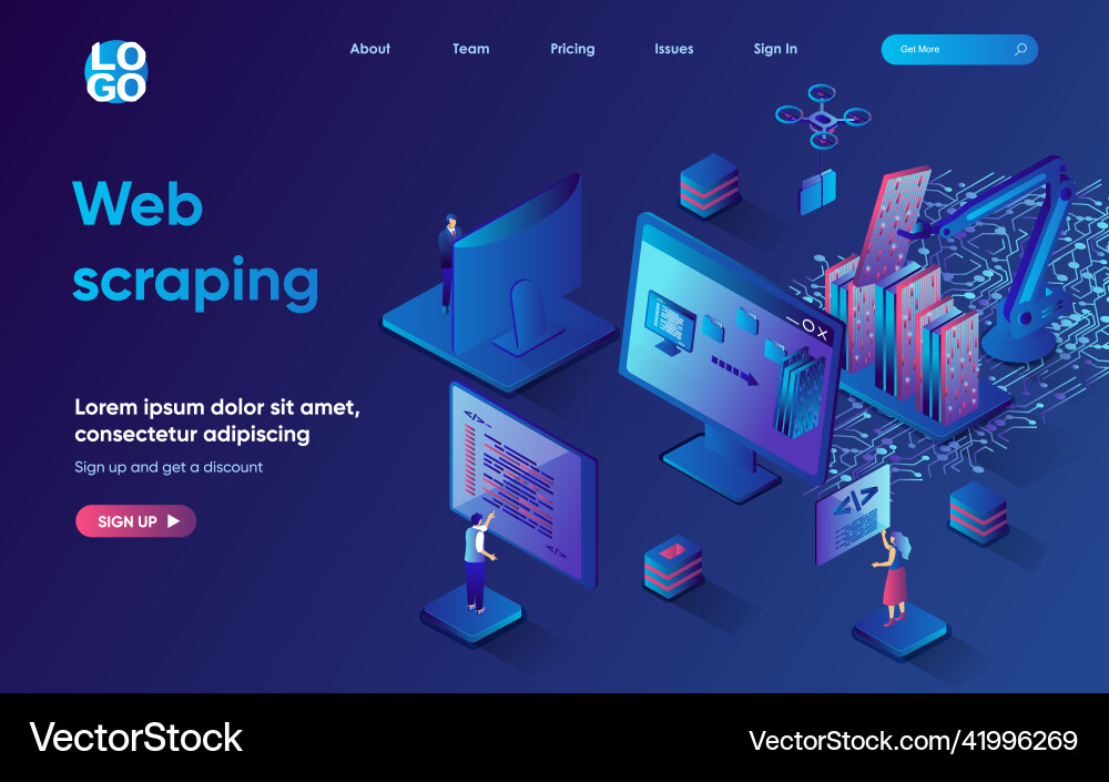 Web scraping concept 3d isometric landing page Web scraping concept 3d isometric landing page Vector Image