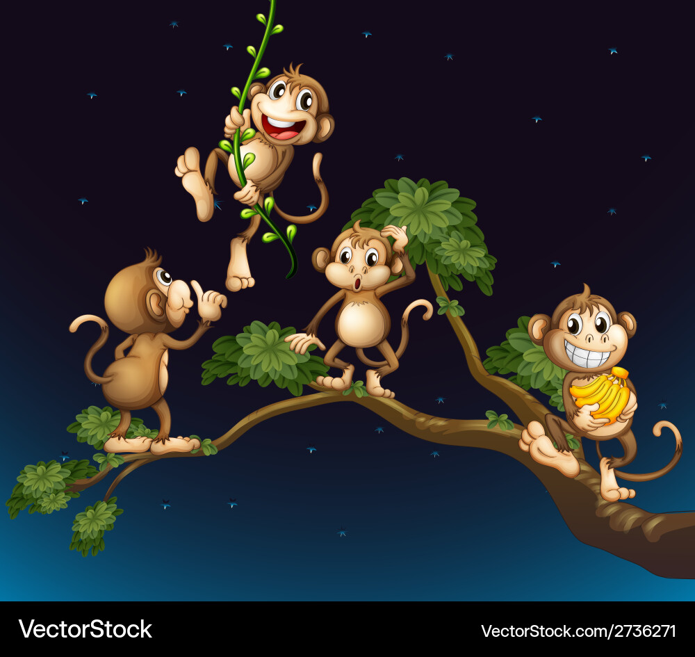 A tree with four playful monkeys vector image