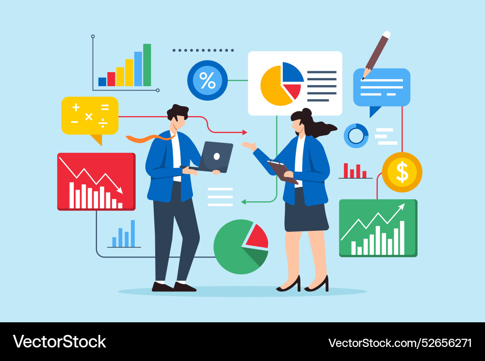 Flat of two professionals analyzing data to find Flat of two professionals analyzing data to find vector image