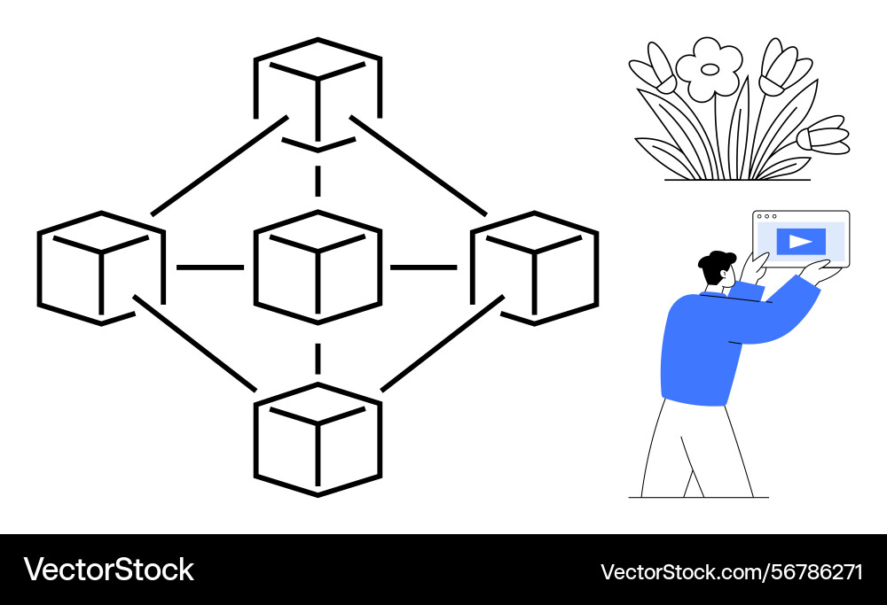 Network of interconnected blocks with man holding Network of interconnected blocks with man holding vector image