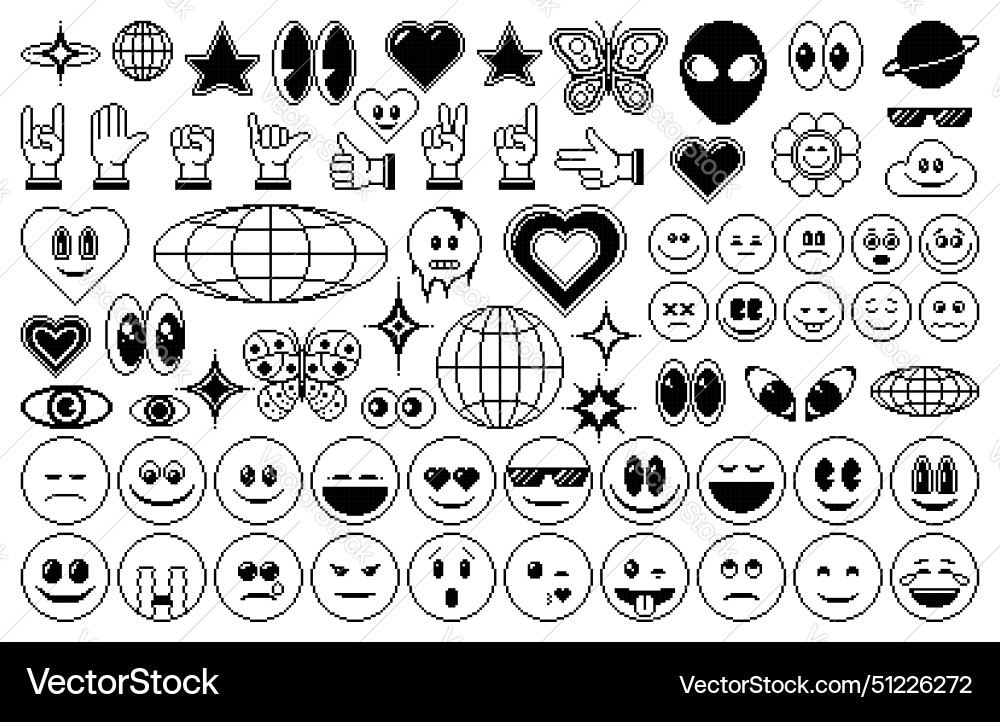 8 bit pixel y2k icons and emoji 8bit set vector image