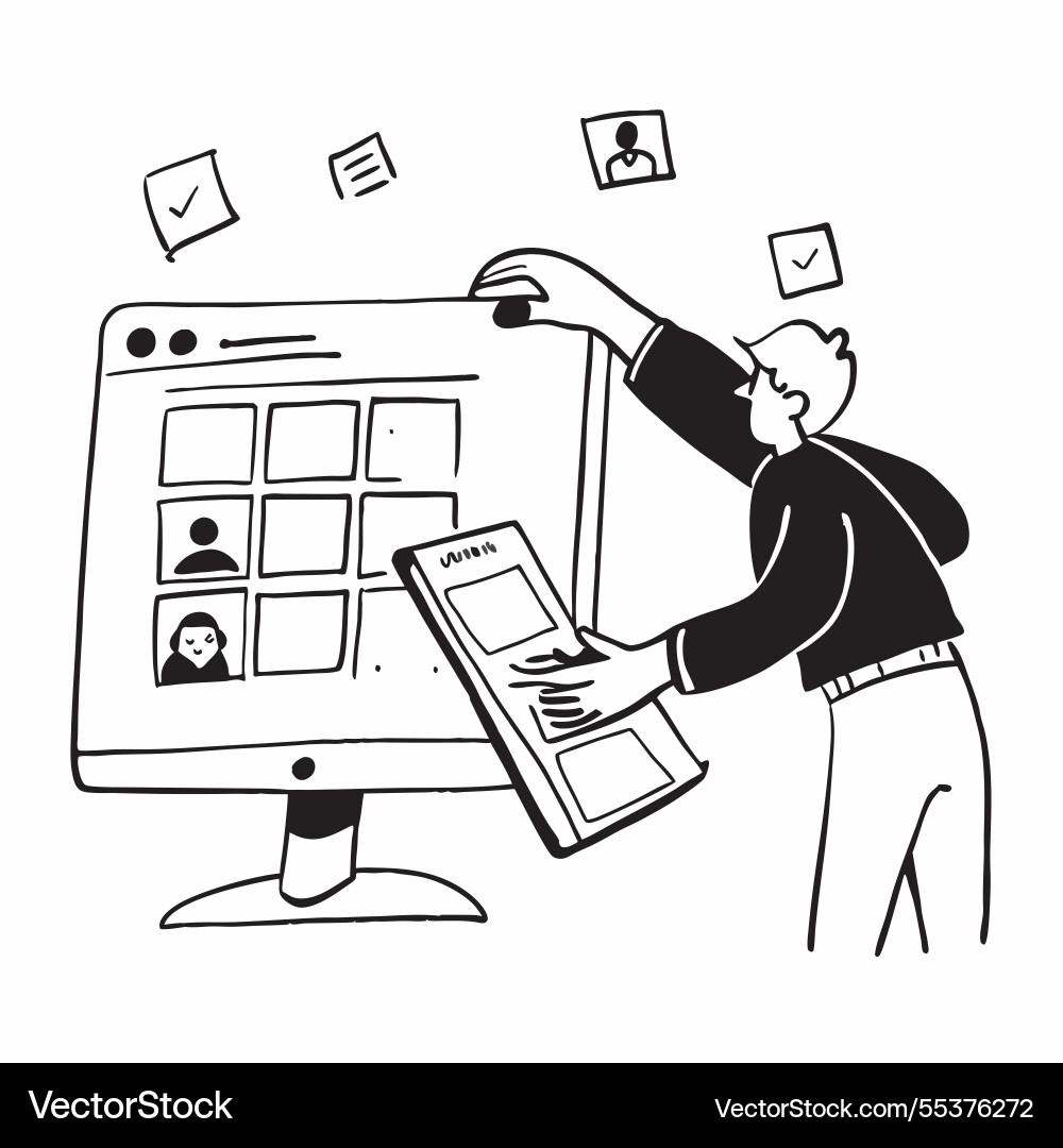 Social media manager scheduling posts on multiple Vector Image