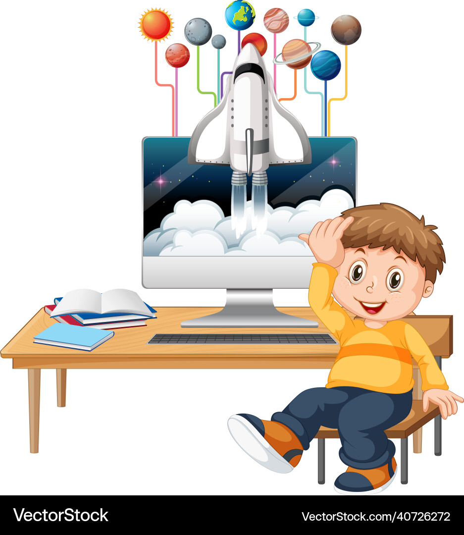 Young boy studying in front of computer Young boy studying in front of computer vector image