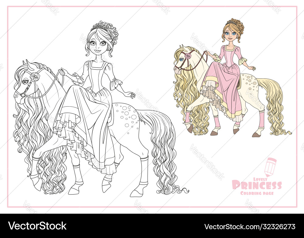 Cute princess on horse with a long mane color Cute princess on horse with a long mane color vector image