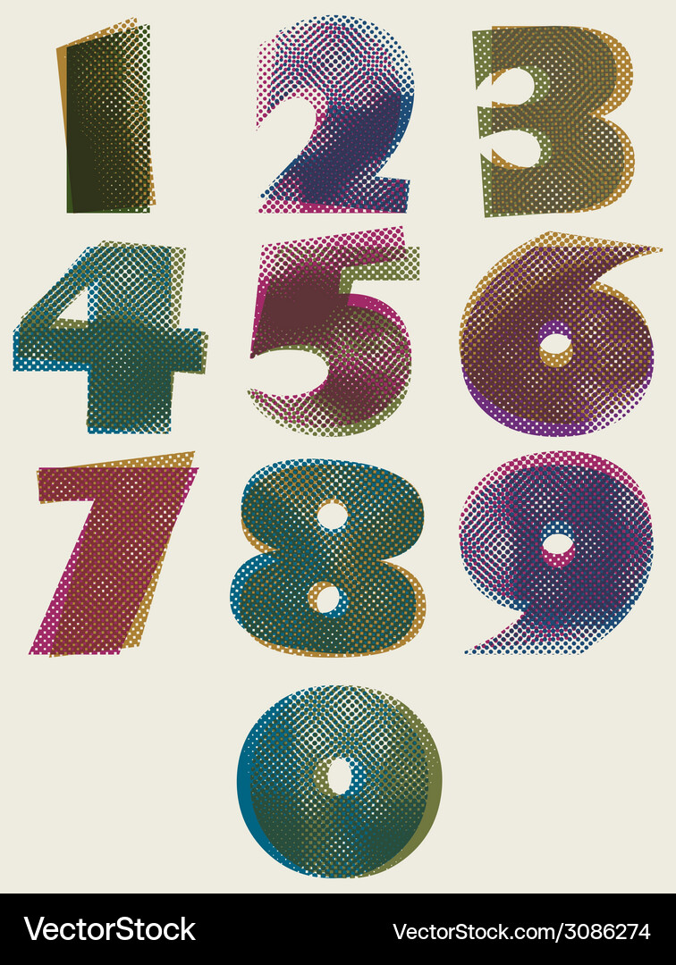 Halftone dots bold numbers dirty color pixels Vector Image