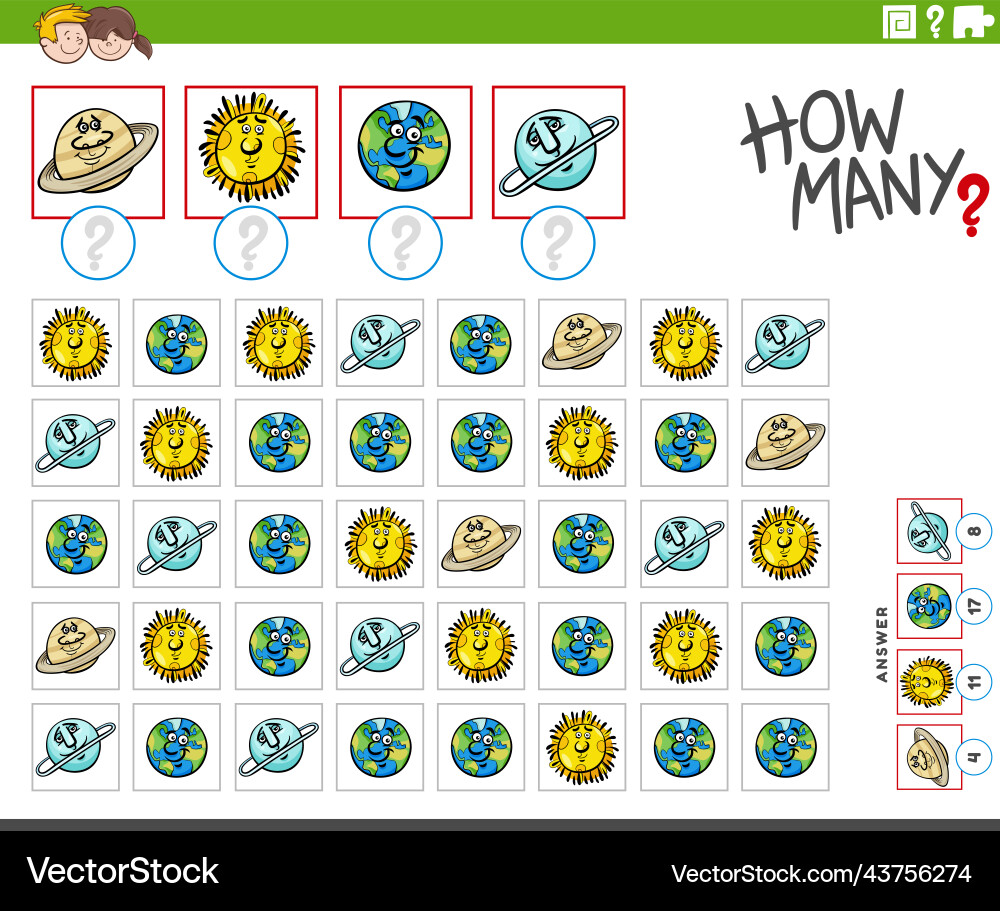 How many cartoon planet characters counting game How many cartoon planet characters counting game vector image