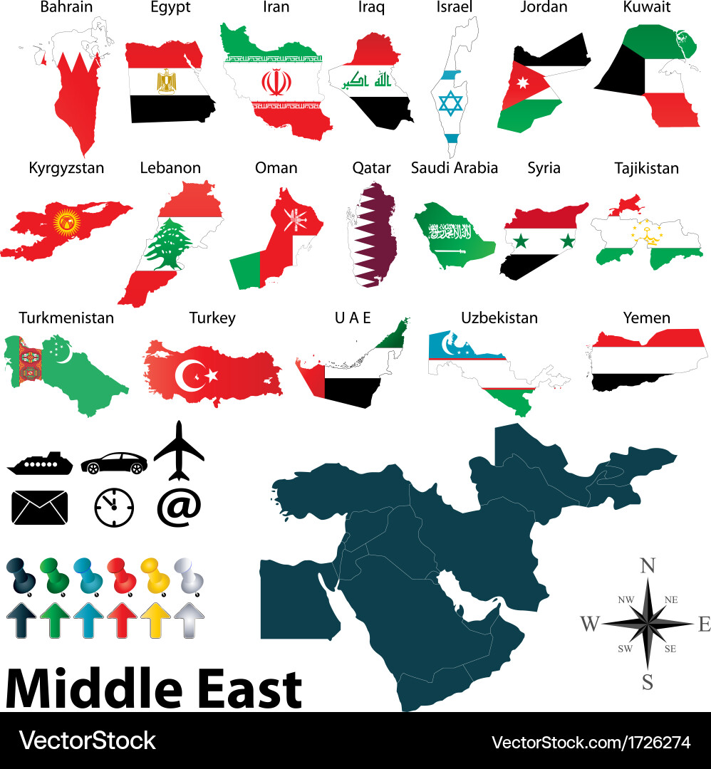 Middle East Map with Flags Vector Image