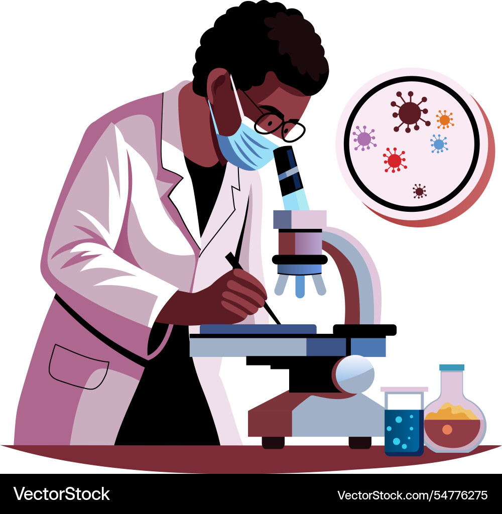 Lab technician researching with a microscope flat vector image