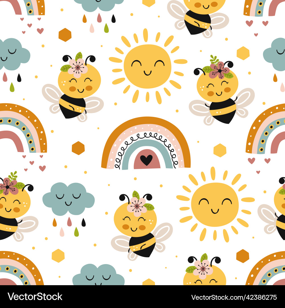 Seamless pattern with bee rainbow sun cloud Seamless pattern with bee rainbow sun cloud vector image