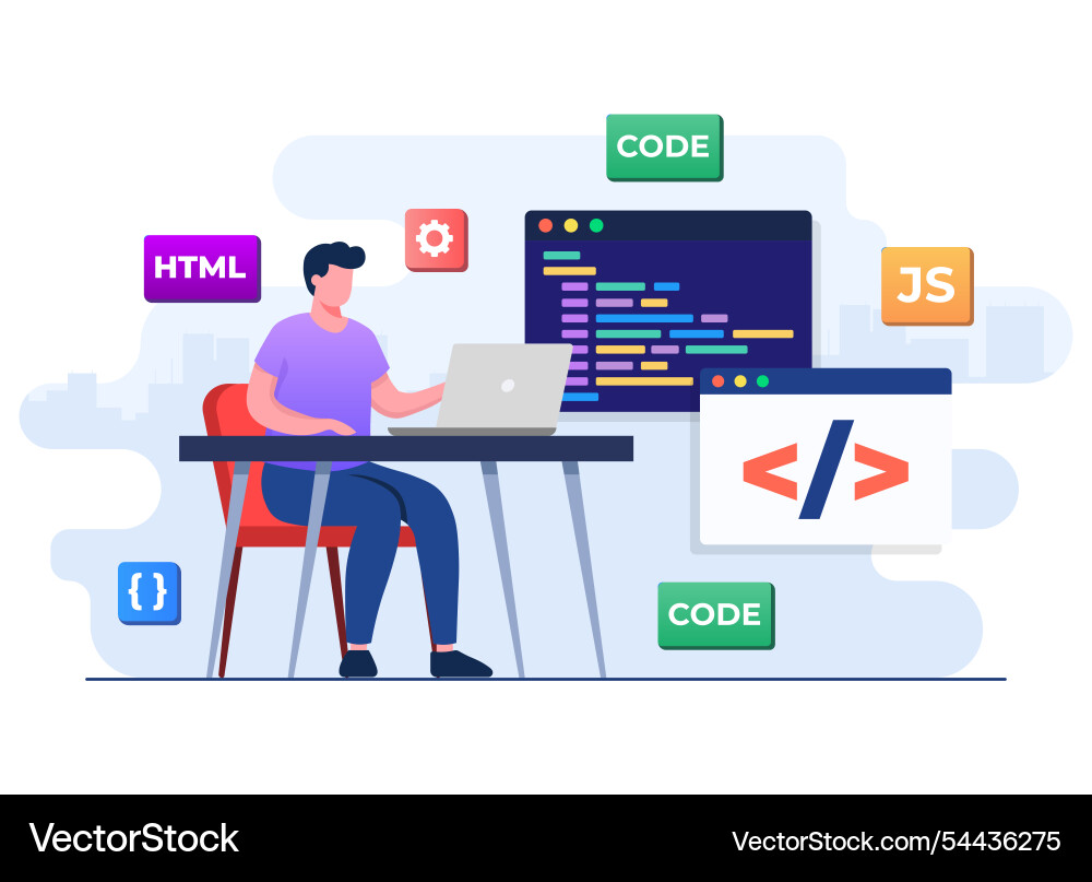 Web developer wiring code or program using laptop Web developer wiring code or program using laptop vector image