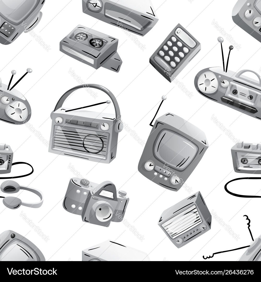 Seamless pattern with retro devices in grayscale Seamless pattern with retro devices in grayscale Vector Image