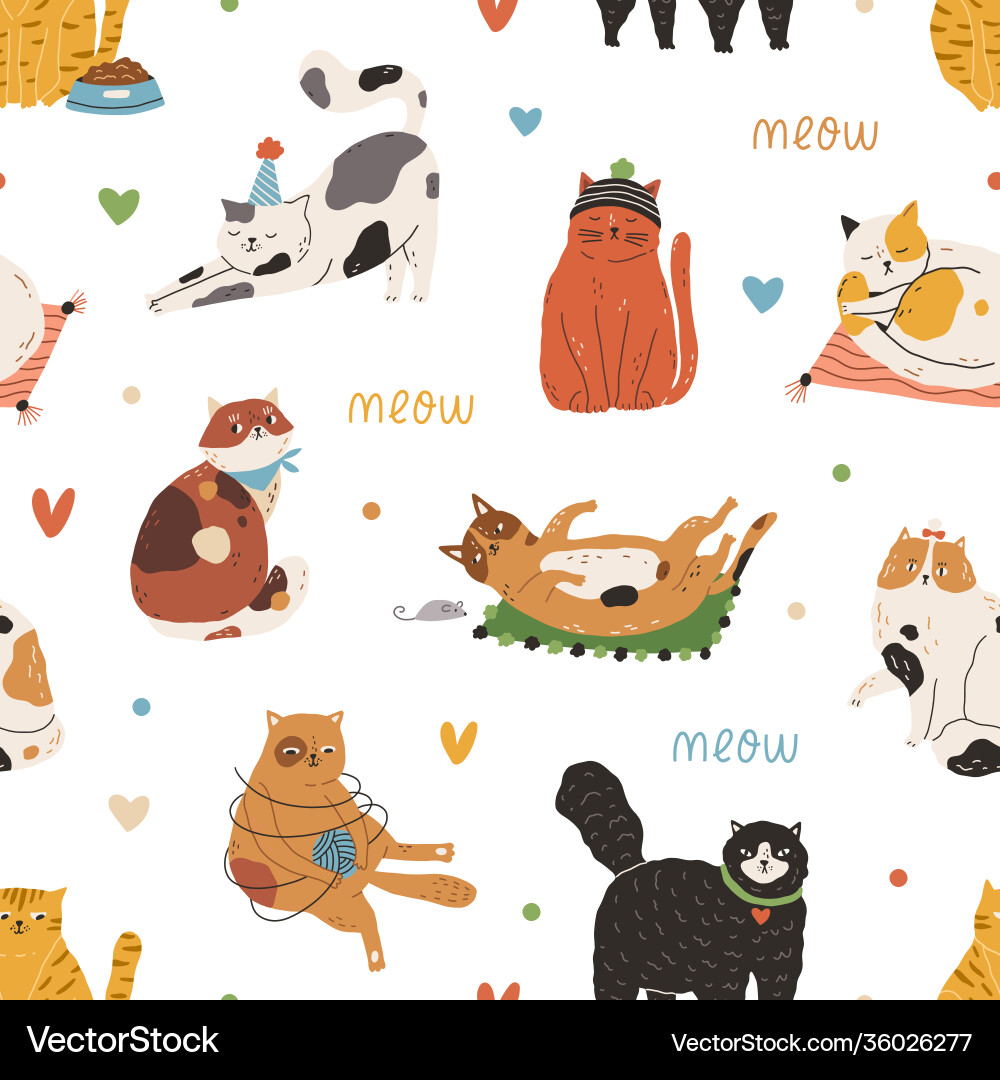 Seamless pattern with meow inscription and cute Seamless pattern with meow inscription and cute vector image