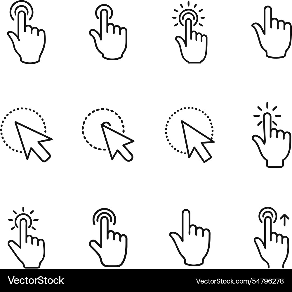 Hand cursor icons tap click touch pointing gest Hand cursor icons tap click touch pointing gest vector image