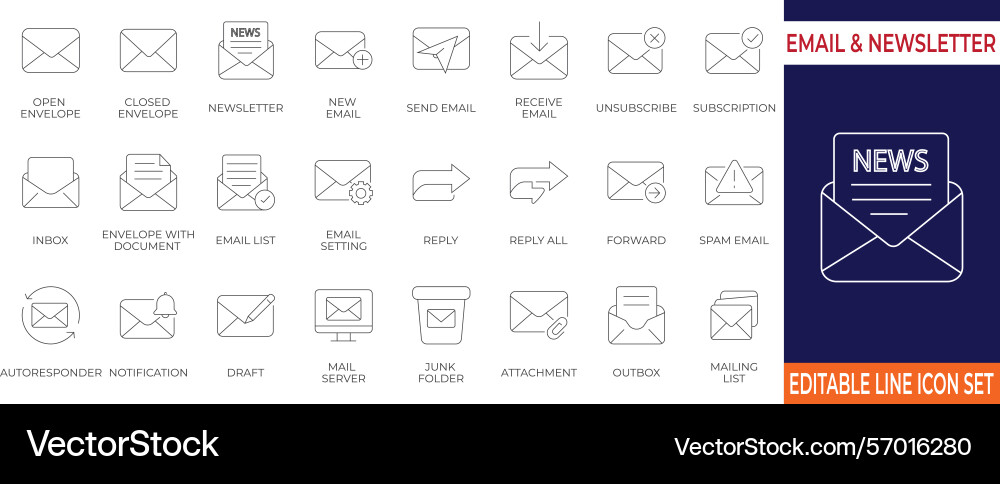 Email and newsletter thin line icon set Vector Image