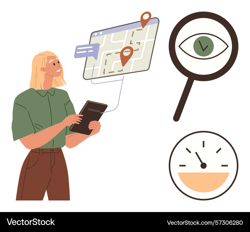 Woman exploring navigation features with map Woman exploring navigation features with map vector image