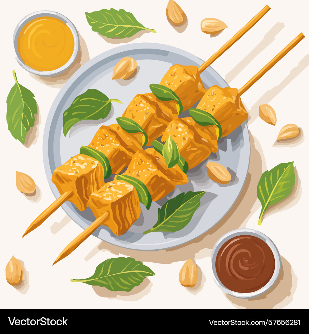 Grilled tofu skewers with fresh basil and peanut Vector Image