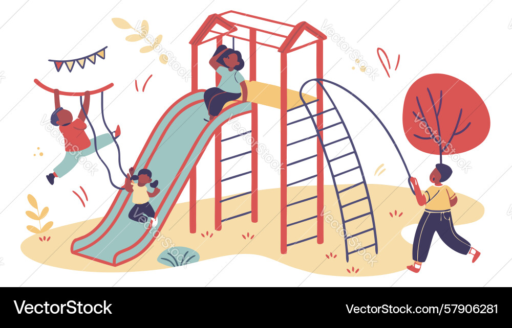 Lively playground with children enjoying slides Vector Image