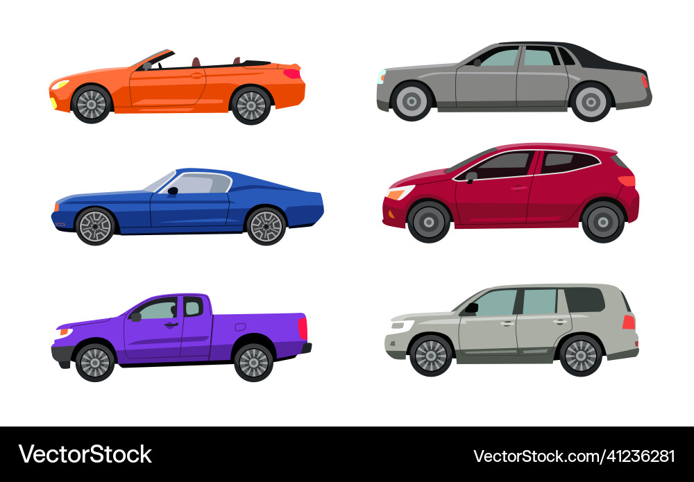 Side view of different car models flat set vector image