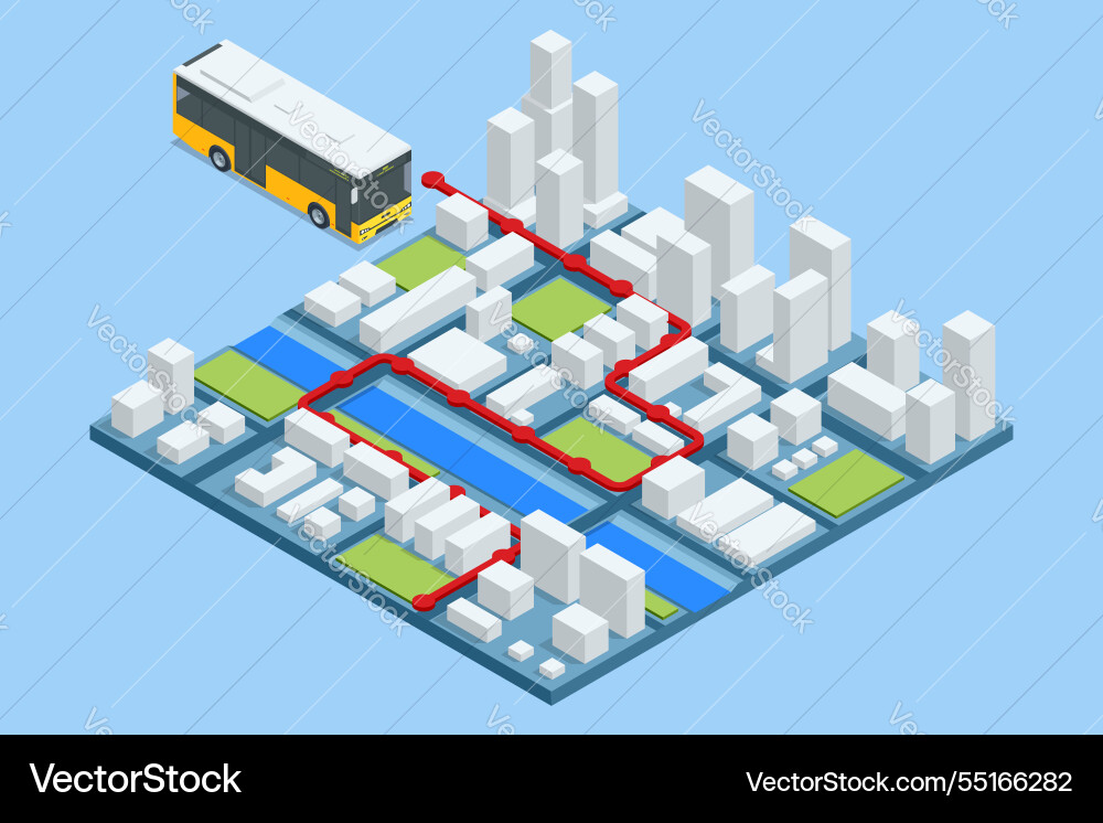 A vibrant isometric map showing bus route A vibrant isometric map showing bus route Vector Image