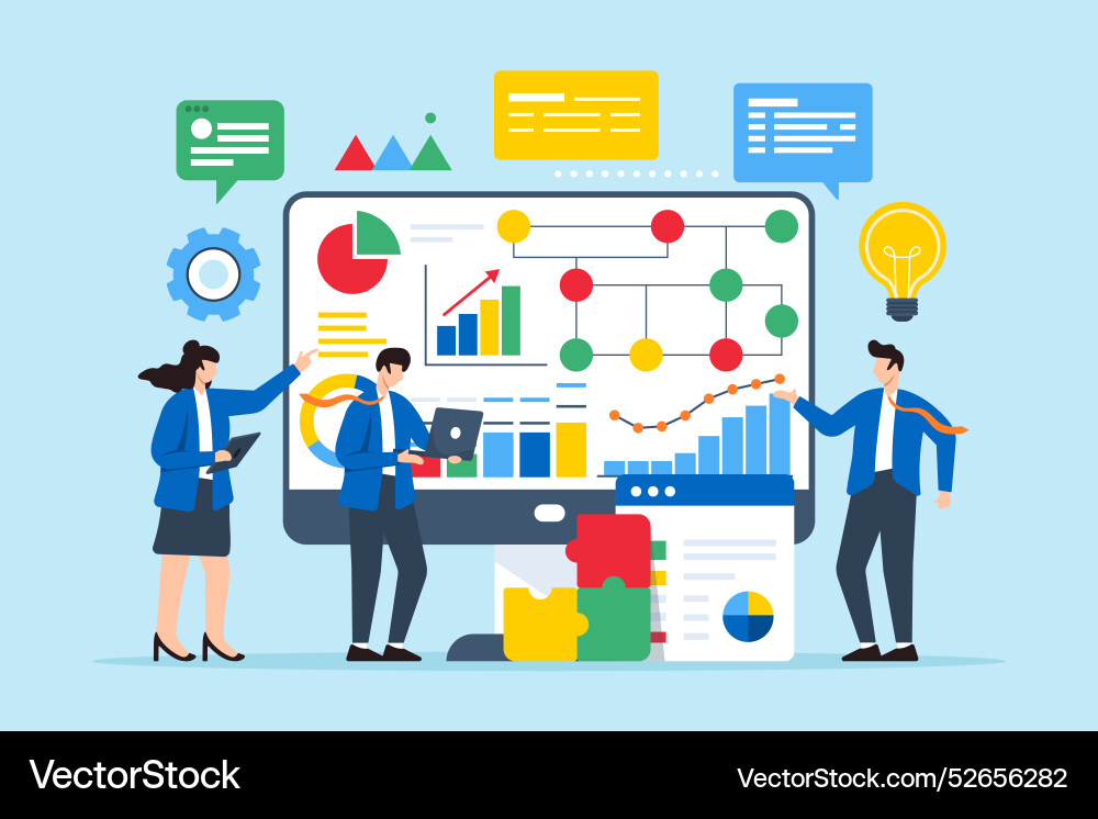 Flat of team using technology to analyze Flat of team using technology to analyze vector image