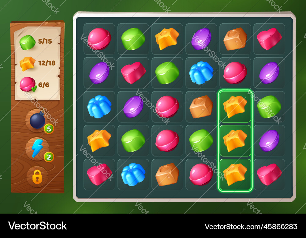 Match 3 candy game ui interface background vector image