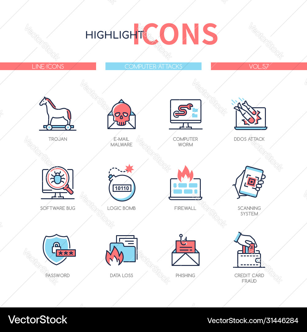 Computer attacks - line design style icons set Computer attacks - line design style icons set vector image